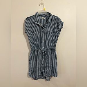 Blue and white belted, button-up sundress